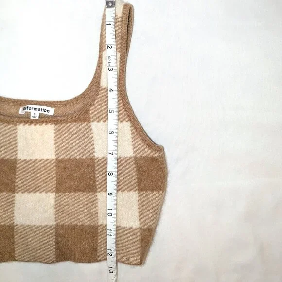Reformation | Cashmere Fonte Plaid Cropped Tank Top Cream & Tan Gingham | Small - Picture 11 of 11